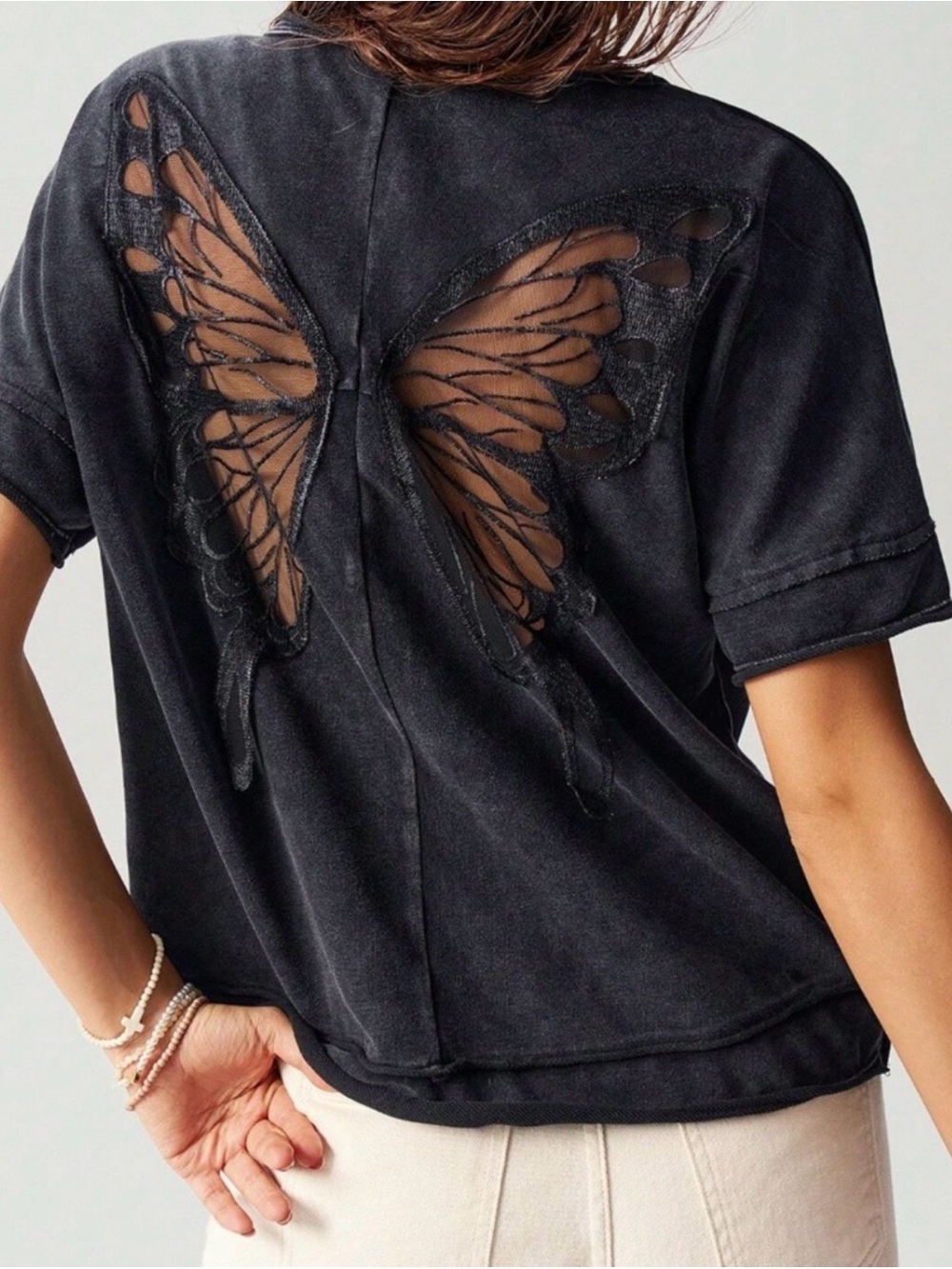 Mineral wash Round Neck Butterfly Cut out Cotton Short Sleeve Top